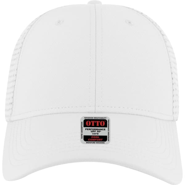 A white 6 panel low profile baseball cap with a logo tag on the front. The cap features a textured design.
