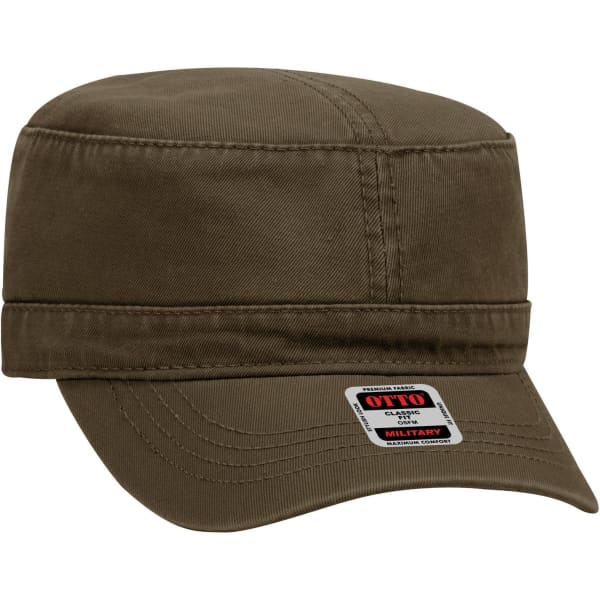 A military-style hat in olive green with a structured crown and a logo on the front.