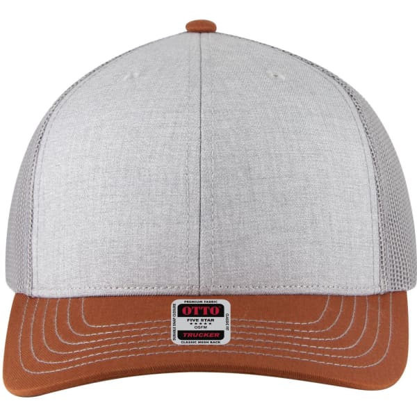 A grey and brown 6-panel mid-profile trucker cap with a branded tag on the front.