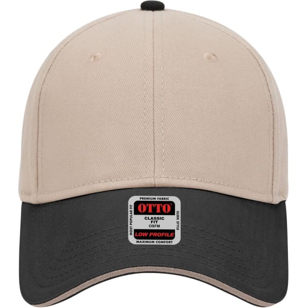 A beige and black 6-panel low profile baseball cap featuring a logo on the front.