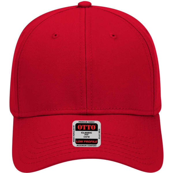 A red low profile baseball cap featuring a logo and a tag for sizing.