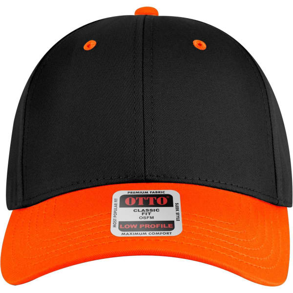 A black and orange 6-panel low profile baseball cap featuring a logo on the front.