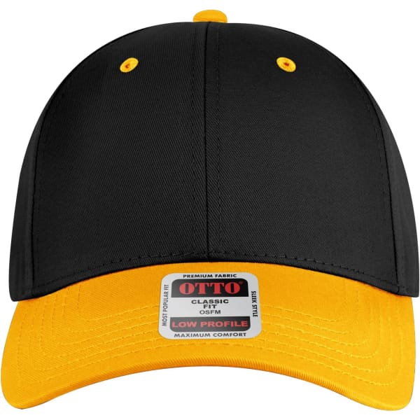 A black and yellow 6 panel low profile baseball cap with a branding label on the front.