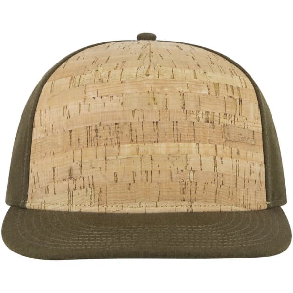 A stylish cap featuring a cork front and olive green sides, designed with a flat brim and snapback closure.