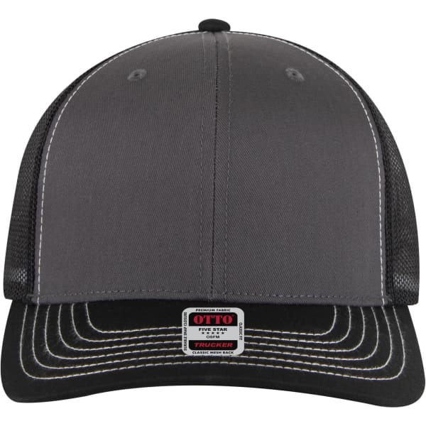 A six-panel mid profile trucker cap in grey with a black brim, featuring a mesh design and a logo.