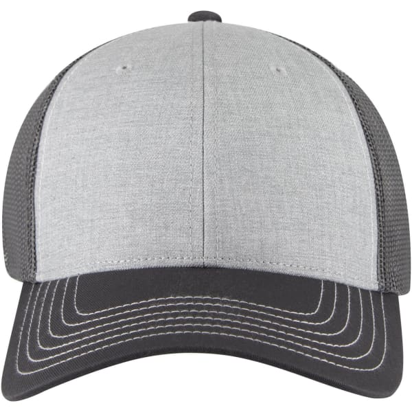 A grey and black 6 panel low profile trucker cap with a structured front and mesh sides. It features a logo.