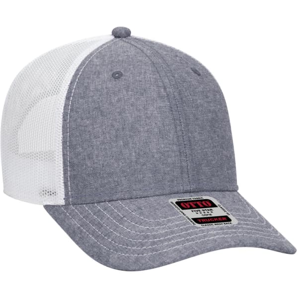 A grey and white 6-panel low profile trucker cap with a mesh back and a logo on the front.