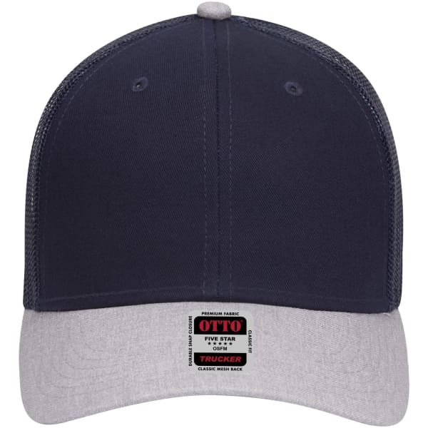 A low profile trucker cap featuring a navy front and grey mesh back, with a logo on the front.