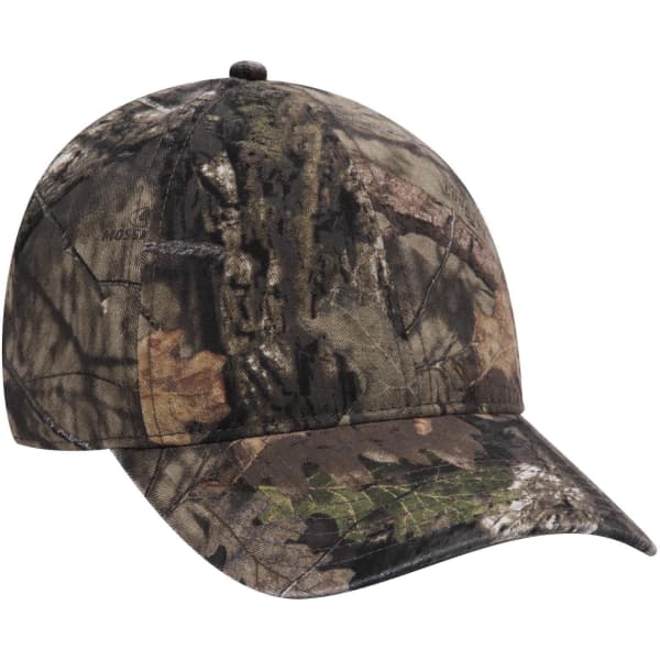 A camo-patterned low profile baseball cap featuring earthy tones and a fitted design. It has a logo on the side.