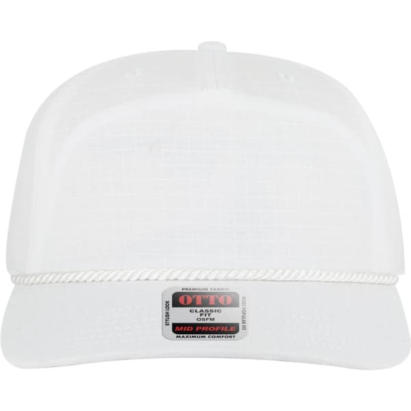 A white 5 panel mid profile baseball hat with a decorative brim and an attached logo on the front.