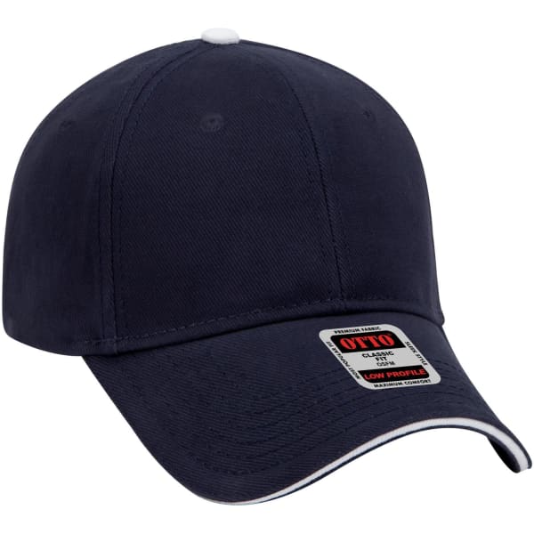 A navy blue low profile six-panel baseball cap with a logo and white accent details.
