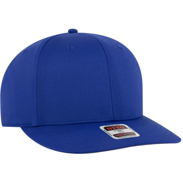 A blue 6-panel pro style snapback hat with a flat brim and an attached logo.