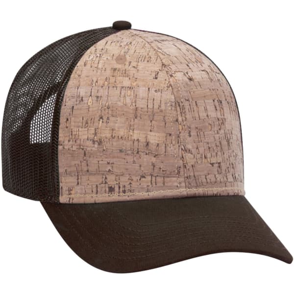A low-profile trucker cap featuring a cork-patterned front and a brown mesh back. It has a curved brim and a logo.