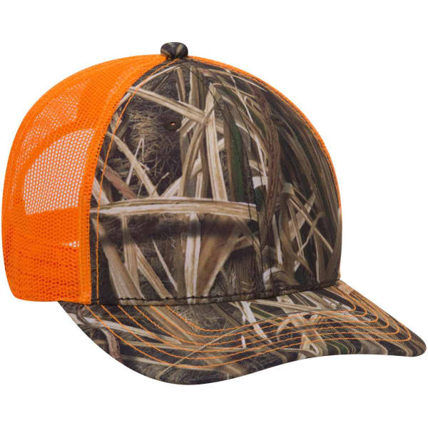 A camo baseball cap with a low profile design, featuring a mesh orange back and a camouflage front pattern.