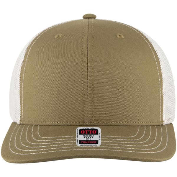 A mid-profile trucker cap in olive green with a white mesh back and a logo on the front.