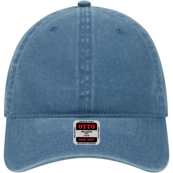 A blue 6 Panel Low Profile Dad Cap featuring a logo on the front and a curved brim.