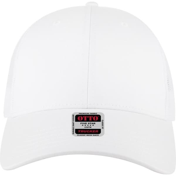 A white 6-panel low profile trucker cap featuring a branding label on the front.