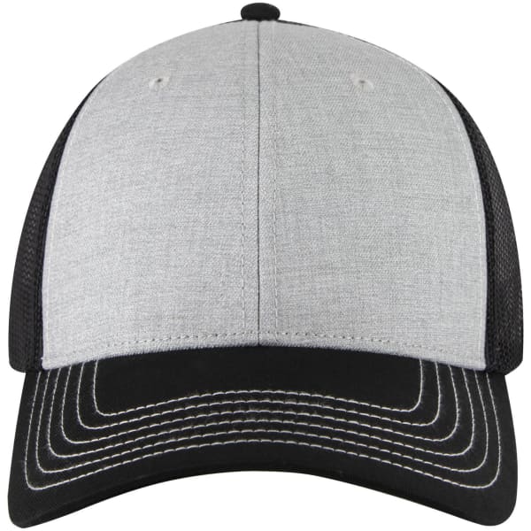A low profile trucker cap featuring a grey fabric front and black mesh sides, with contrasting stitching.