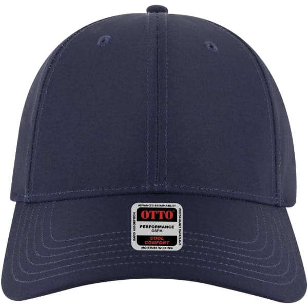 A navy blue 6 panel low profile style baseball cap with a logo label on the front.