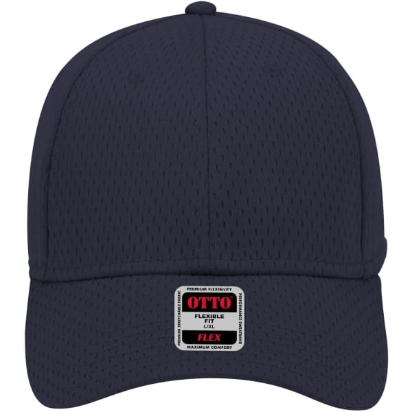 A navy blue 6 panel low profile baseball cap with a logo on the front and a breathable mesh design.