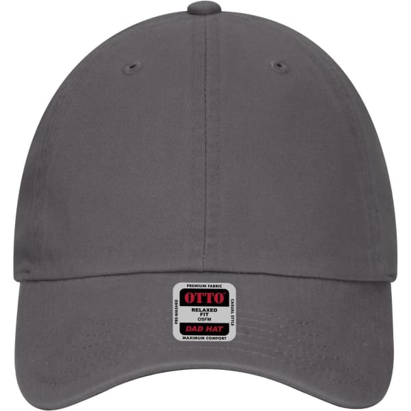 A grey six-panel low profile dad cap with a logo on the front and ventilation holes on the top.