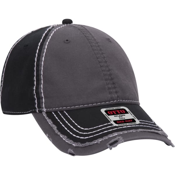 A grey and black 6 panel low profile dad cap with contrasting stitching and a logo patch.
