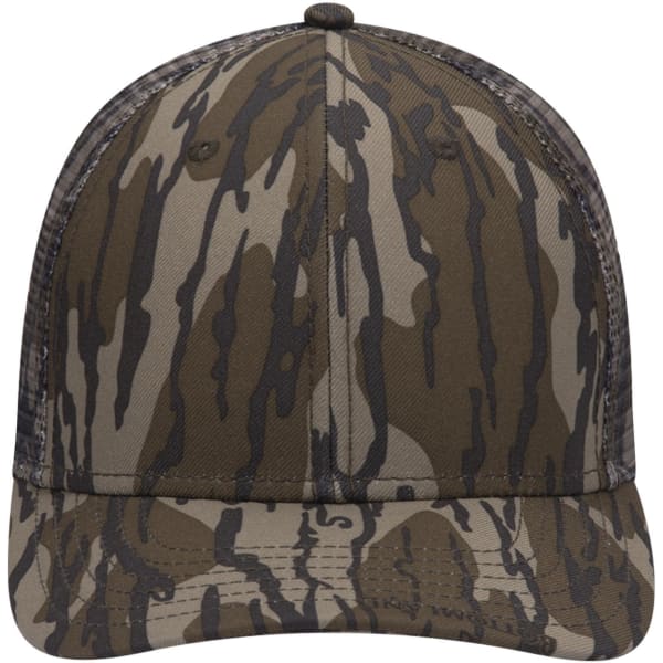 A camo 6-panel low profile baseball cap in shades of brown and green with a logo on the front.