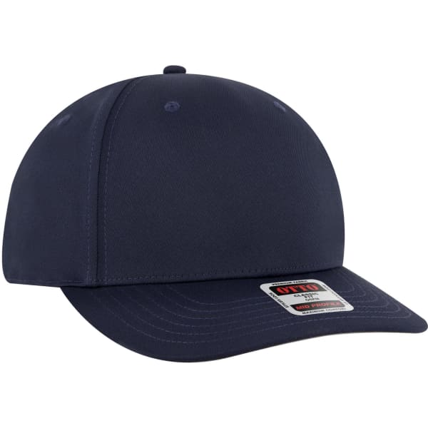 A navy blue seamless 6 panel mid profile baseball cap with a branded label on the front.