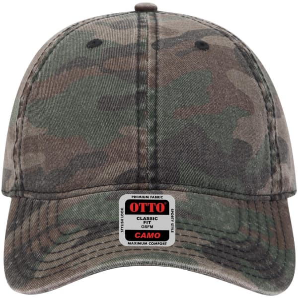 A camouflage-patterned, low-profile baseball cap in shades of green and brown, featuring a logo on the front.