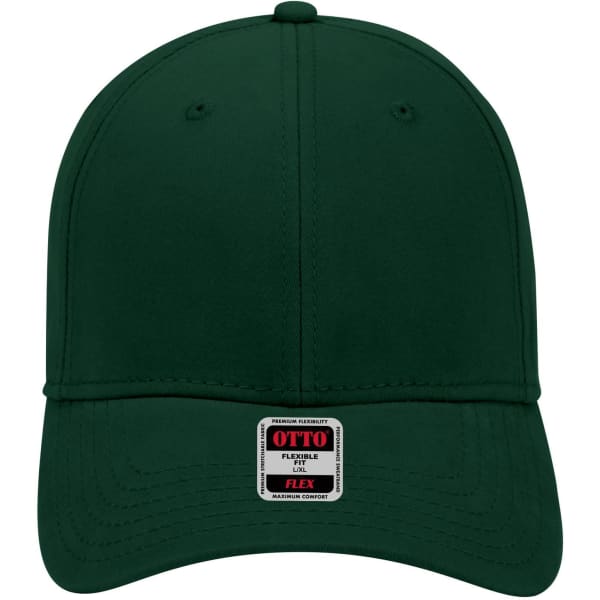 A green 6 panel low profile baseball cap featuring a logo on the front and a flexible fit design.