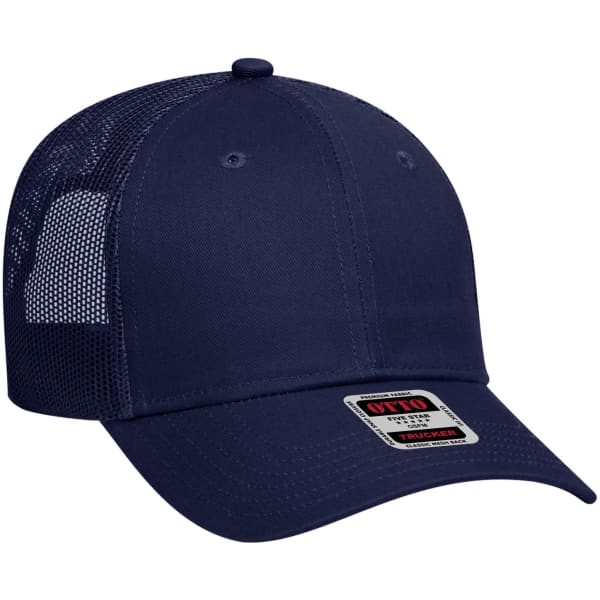 A navy blue 6-panel low profile trucker cap with a mesh back and a logo on the front.