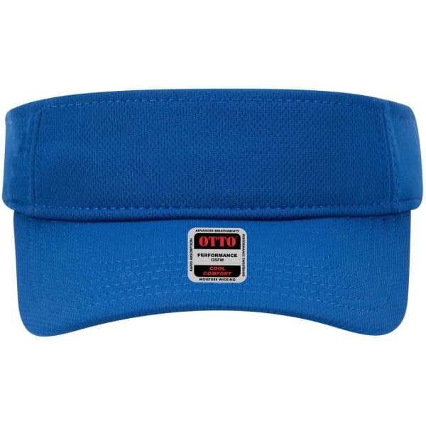 A blue sun visor featuring a wide brim and a branded patch on the front.