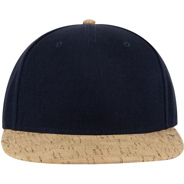 A navy snapback cap with a cork-style brim and a logo on the front.