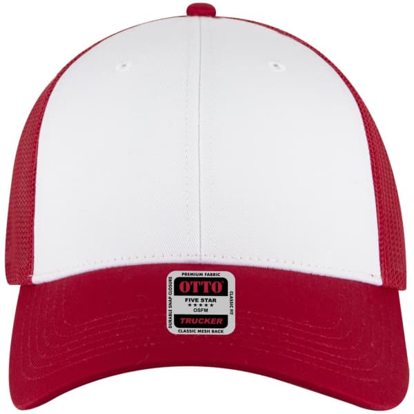 A red and white 6-panel low profile trucker cap featuring a mesh back and an emblem on the front.