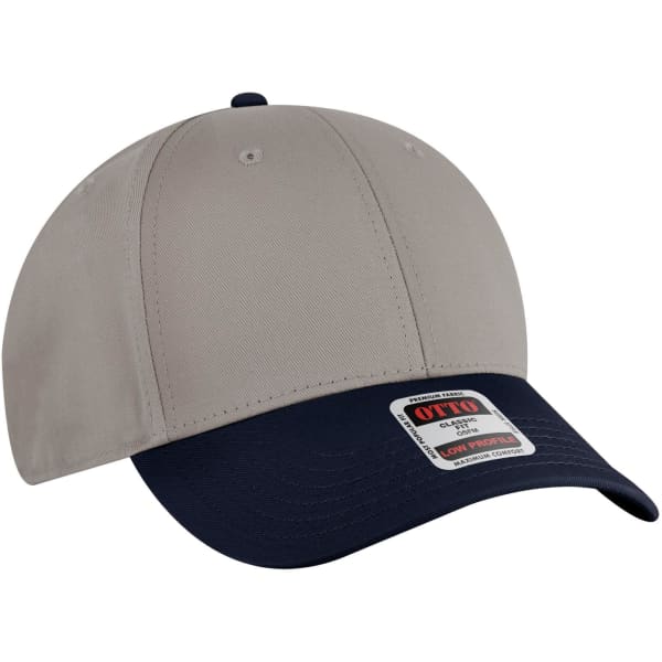 A beige and navy six-panel low-profile baseball cap with a branded label.