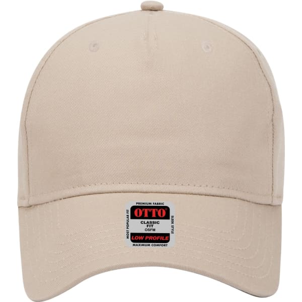A beige 5 Panel Low Profile Baseball Cap featuring a label and a curved brim.