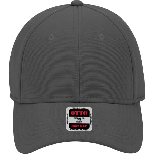 A grey 6 panel low profile baseball cap with a branded label on the front.