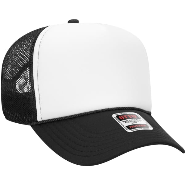 A black and white 5 panel mid profile trucker cap featuring a mesh back and a logo on the front.