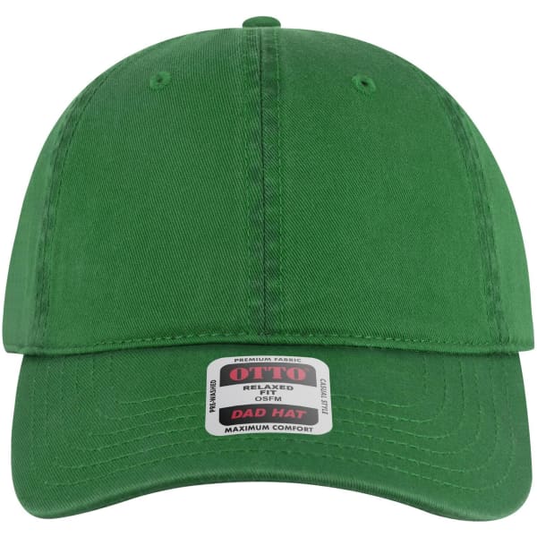A green 6 panel low profile dad cap with an adjustable strap and a logo on the front label.