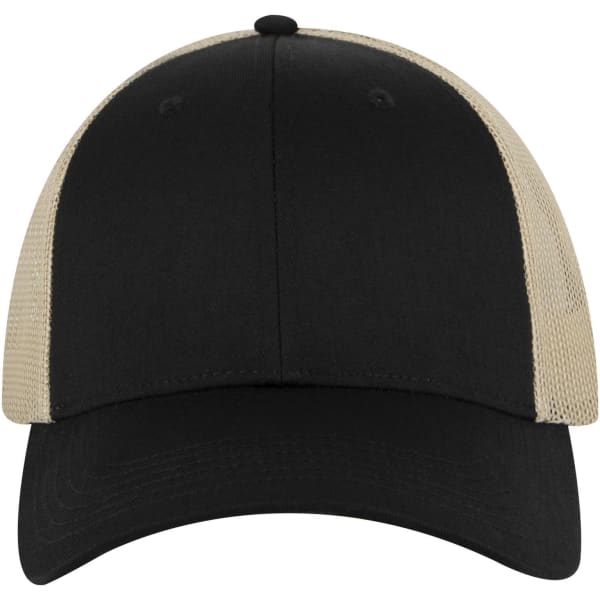 A black and beige 6 panel low profile trucker cap featuring a logo on the front.