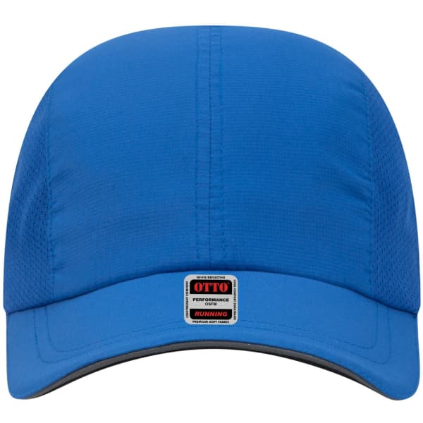 A reflective blue six-panel running cap with a branded label on the front.