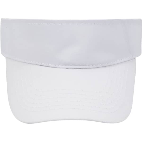A white sun visor featuring a curved brim and a smooth surface, with a logo on the front.