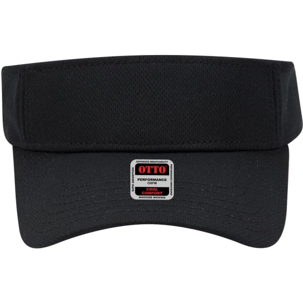 A black sun visor featuring a wide brim and mesh fabric. It has a small logo tag.
