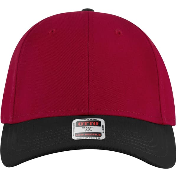 A six-panel low profile baseball cap in red and black, featuring a logo on the front.