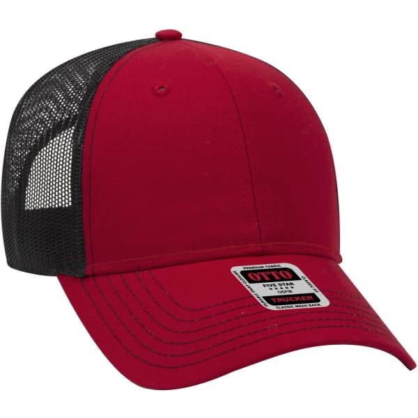 A red 6-panel low profile trucker cap with a black mesh back and a decorative label.