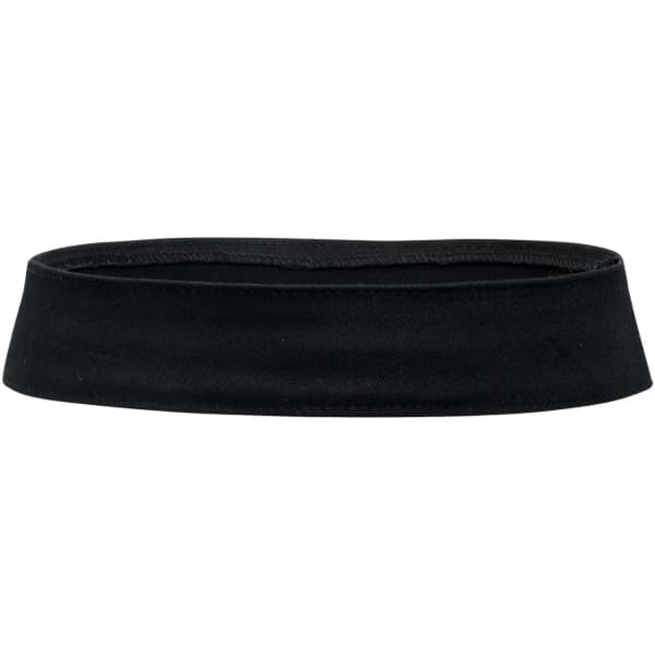 A black hat band with a smooth, flat design, featuring a branded logo.