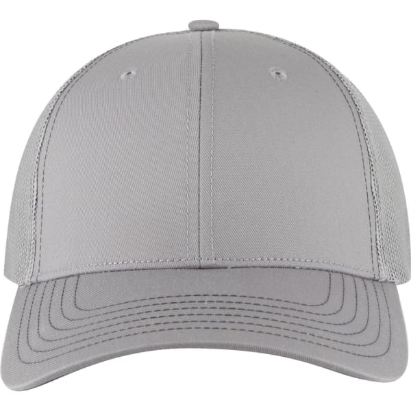 A grey 6-panel low-profile trucker cap featuring a solid front and mesh back. It includes a logo on the front.