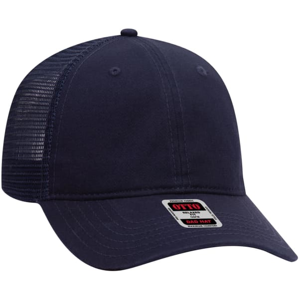 A navy blue low profile trucker dad cap with a mesh back and a logo.