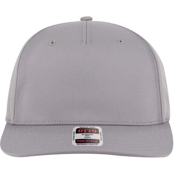 A grey 5 panel pro style snapback hat featuring a flat brim and a logo on the front.
