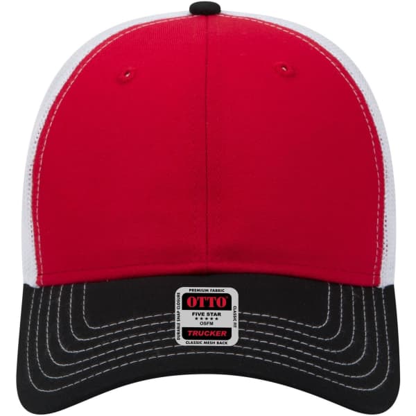 A red, black, and white 6-panel low profile trucker cap featuring a logo on the front.